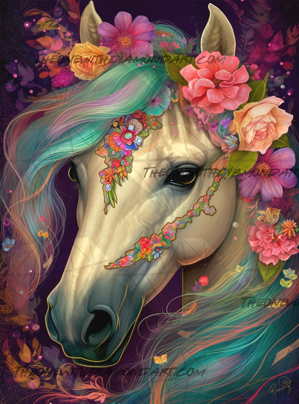 Colorful illustration of a horse's head with flowers.