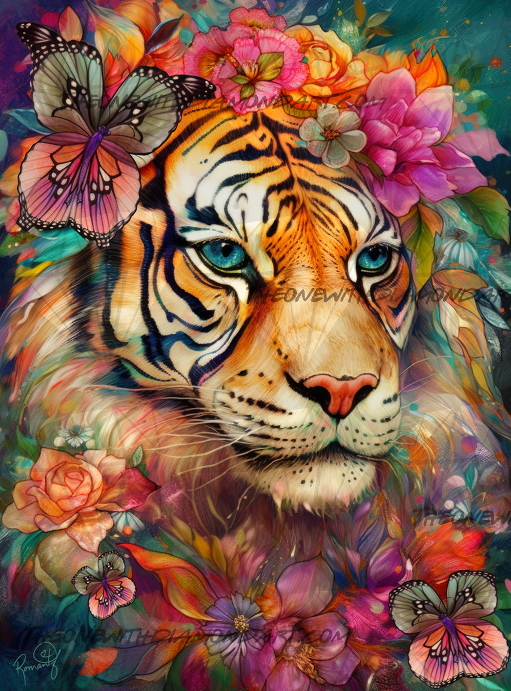 Colorful painting of a tiger surrounded by flowers and butterflies