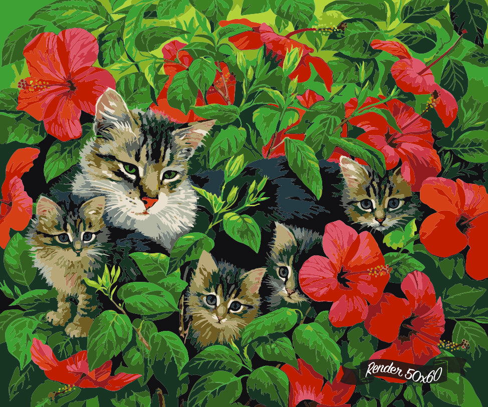 *Paint By Numbers* Mother and Kittens in Hibiscus ©Ivory Cats
