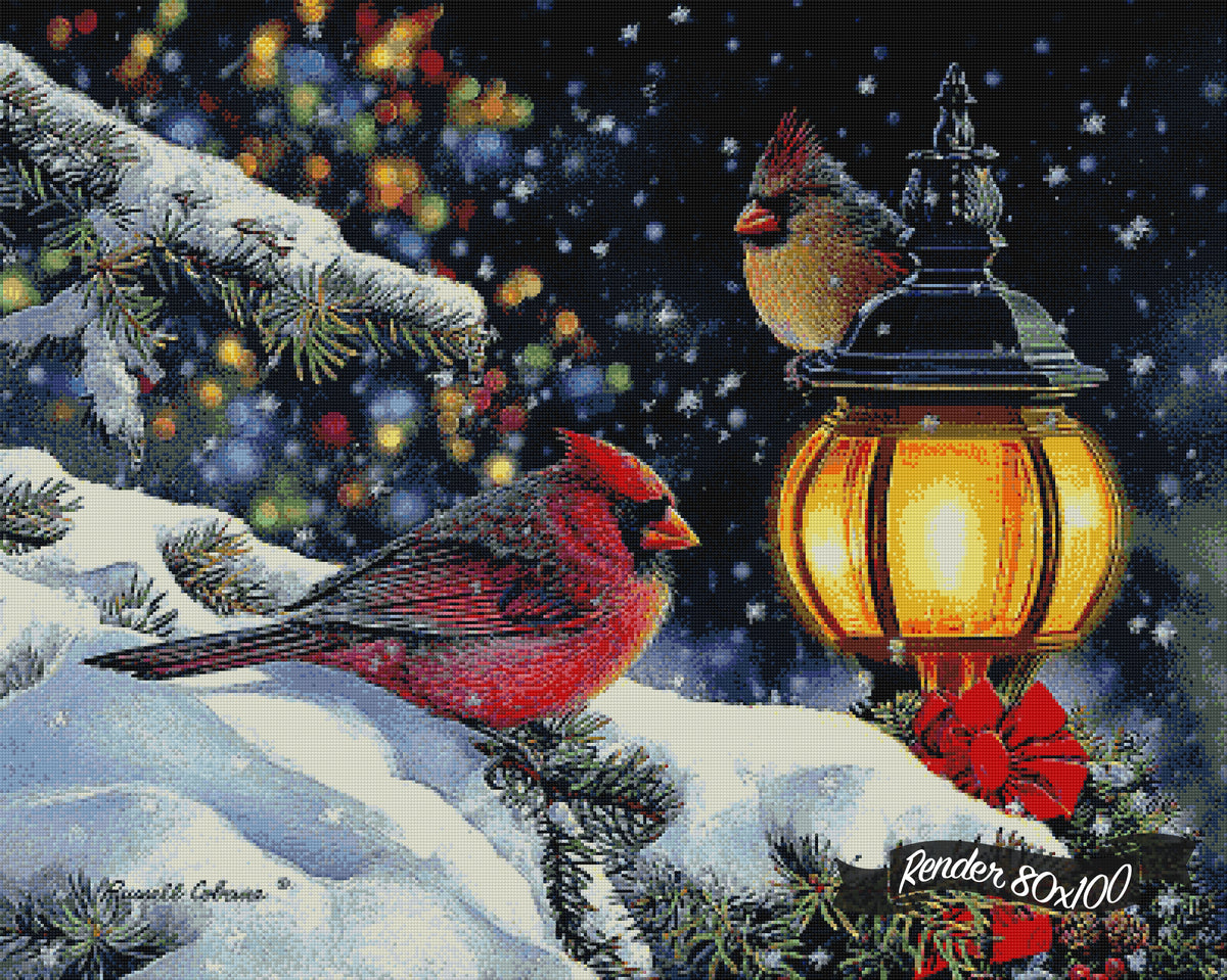 Winter Light Cardinals & Lamppost ©Russell Cobane. Licensed by MGL, www.mglart.com
