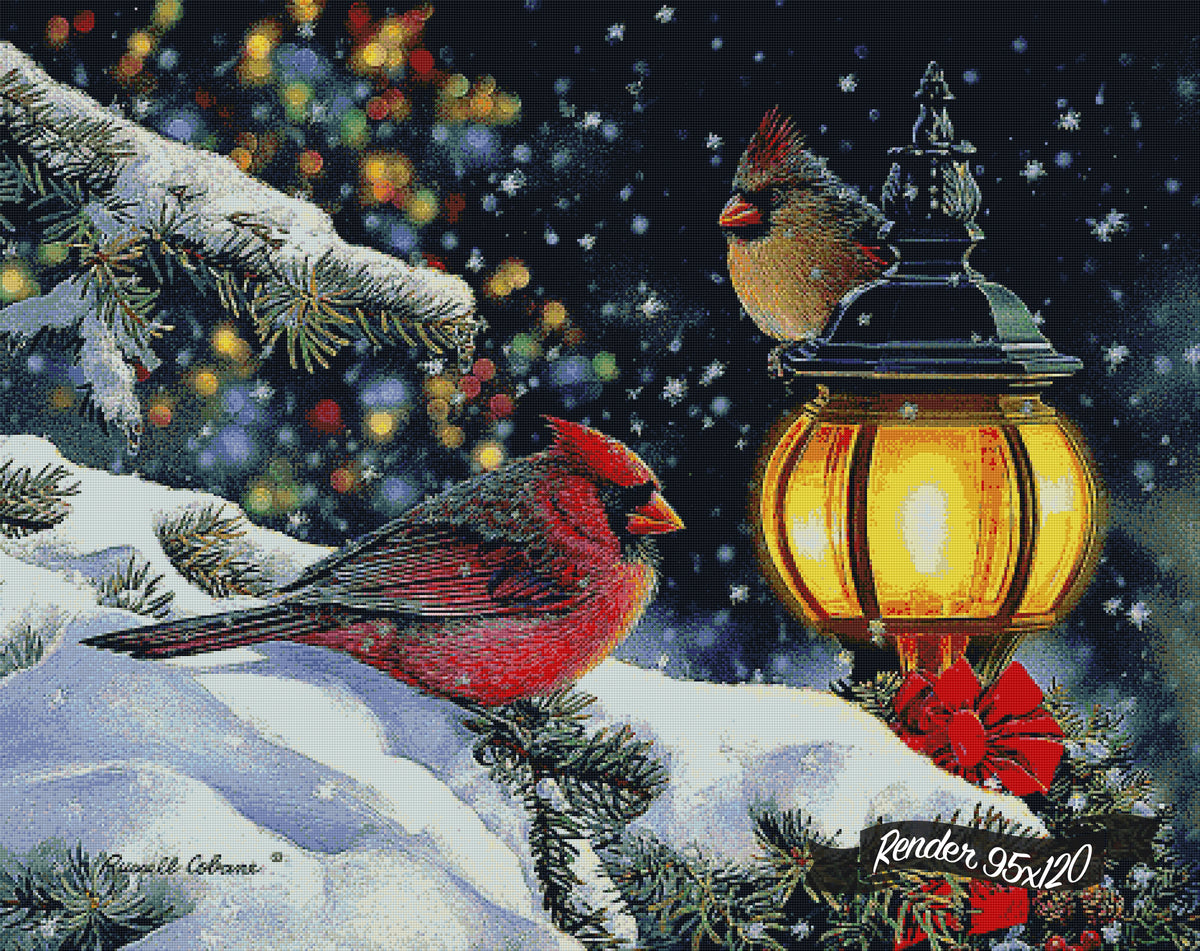 Winter Light Cardinals & Lamppost ©Russell Cobane. Licensed by MGL, www.mglart.com