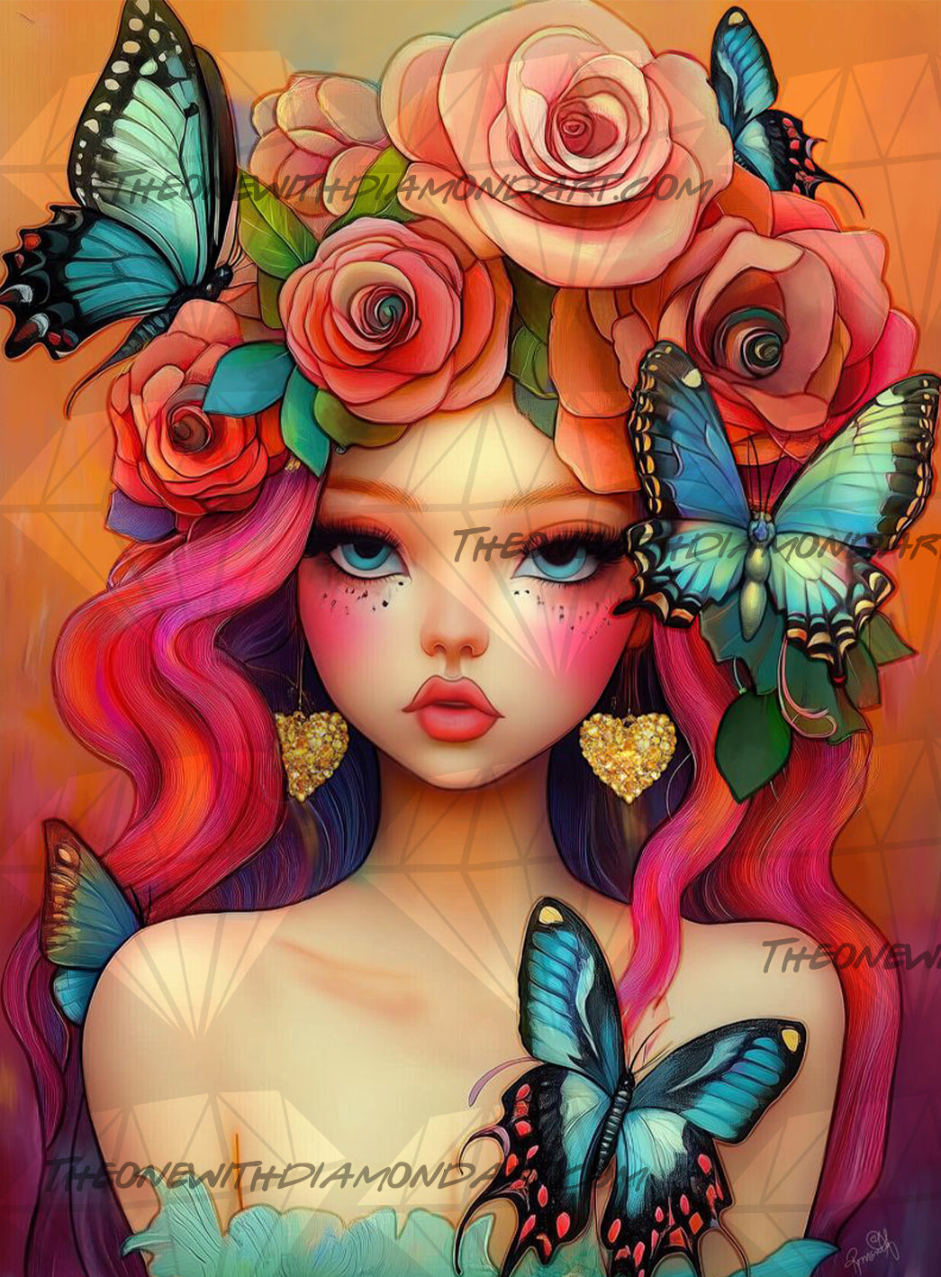 Colorful illustration of a woman with flowers and butterflies in her hair