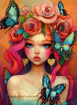 Colorful illustration of a woman with flowers and butterflies in her hair