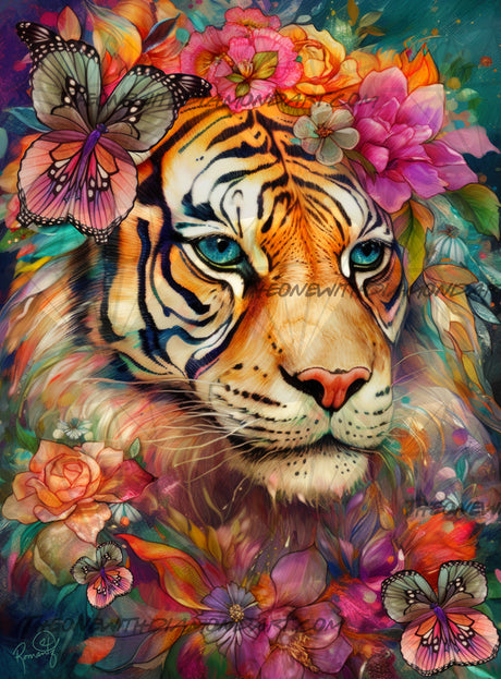 Colorful painting of a tiger surrounded by flowers and butterflies