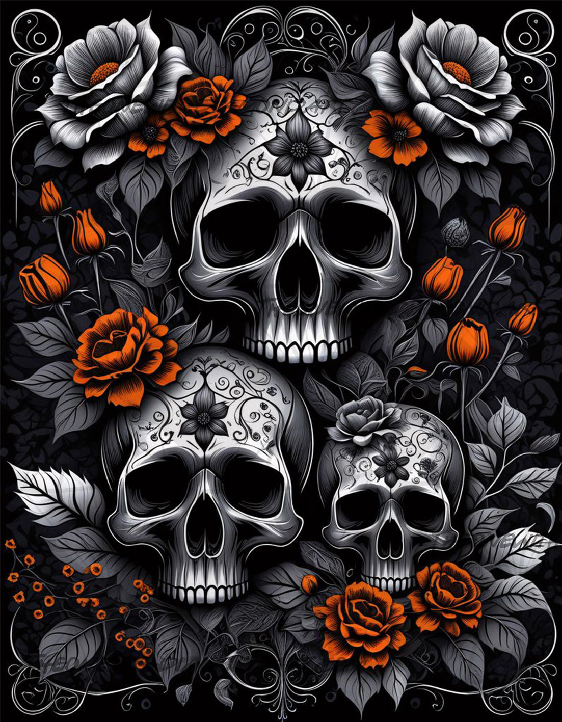 Gothic Monochromatic Skulls and Orange Roses ©CajunBeauty