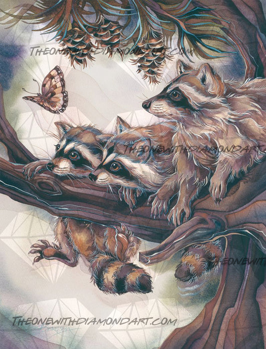 Raccoons And Butterfly ©Jody Bergsma. Licensed by MGL, www.mglart.com