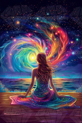 Artistic depiction of a person with colorful hair sitting in front of a cosmic swirl.