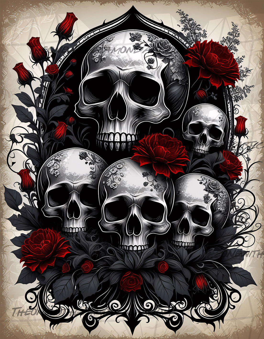 Vintage Skulls And Red Roses ©CajunBeauty