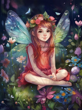Colorful illustration of a fairy sitting among flowers with butterfly wings.