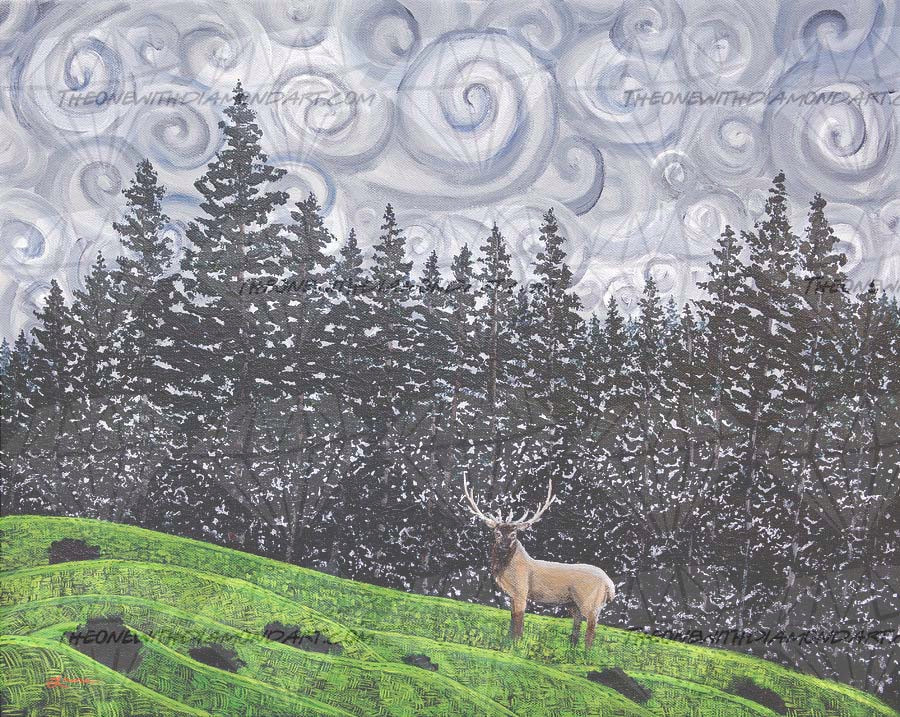 Elk Under Swirling Gray Clouds ©Laura Milnor Iverson