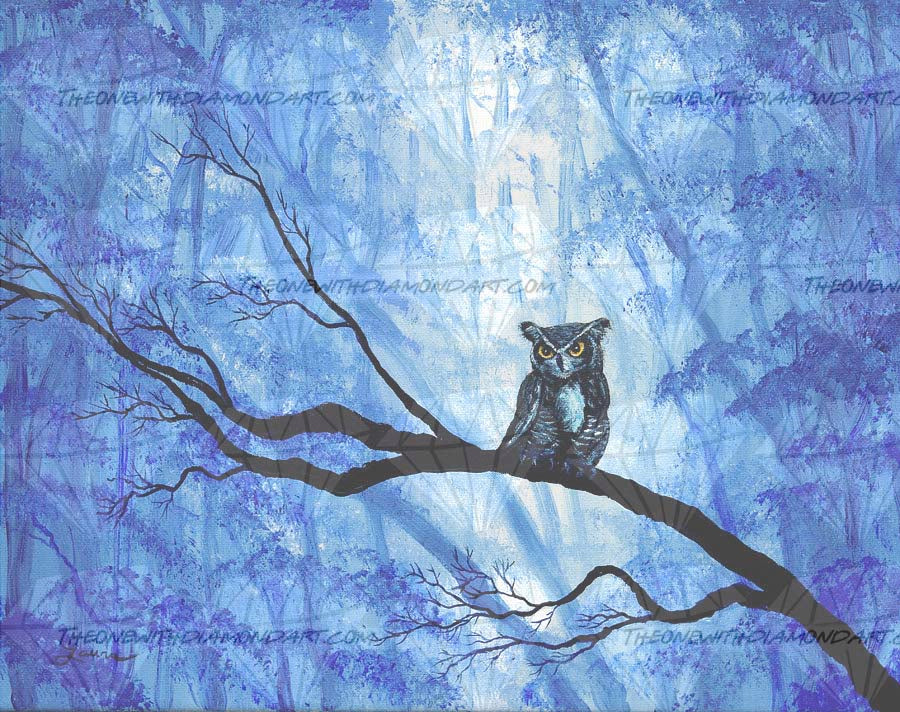 Horned Owl In Deep Blue Woods ©Laura Milnor Iverson