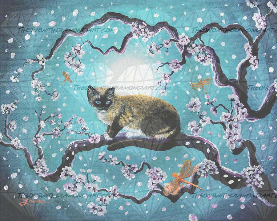 Snowshoe Cat And Dragonfly In Sakura ©Laura Milnor Iverson